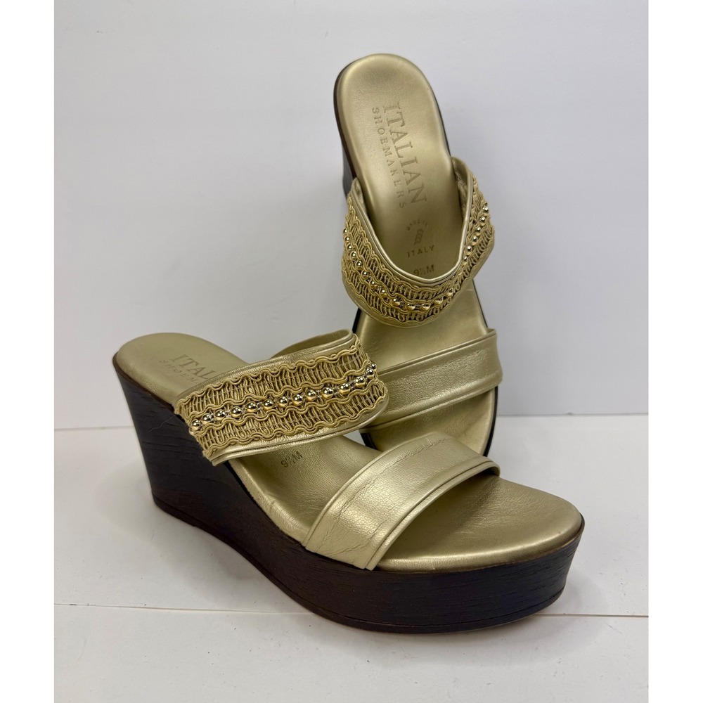 Italian Shoemakers Gold Metallic Woven Studded Wedge Platform Sandals 9.5M
